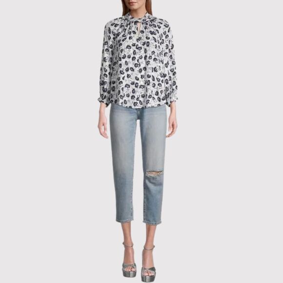 Rebecca Taylor Women Top Blue Thistle Fleur Floral Silk Blend Blouse Boho Size 8 - Picture 1 of 12